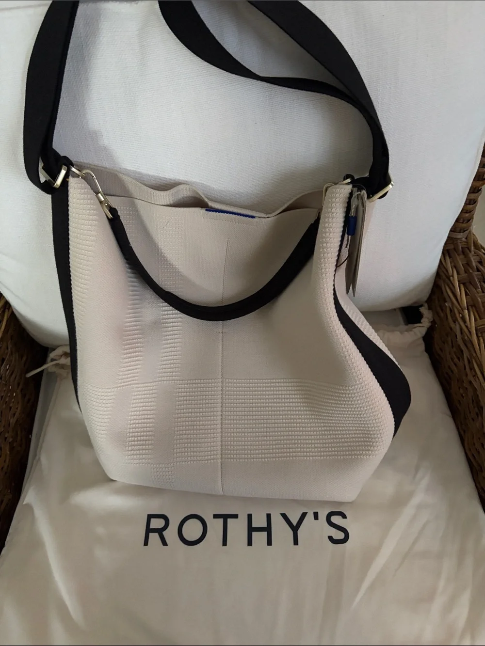 Rothy's Cream Knit Shoulder Hobo with Black Strap and Tags